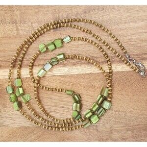 Vintage Necklace Peridot Chip Green Shell Beads 42" Boho Artsy Witchy Whimsical